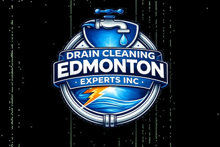 Drain Cleaning Edmonton Experts Inc logo featuring a blue circular design with a drain pipe and lightning bolt symbol