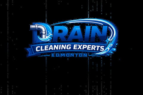 Drain Cleaning Experts Edmonton logo featuring blue pipe design with text on dark background